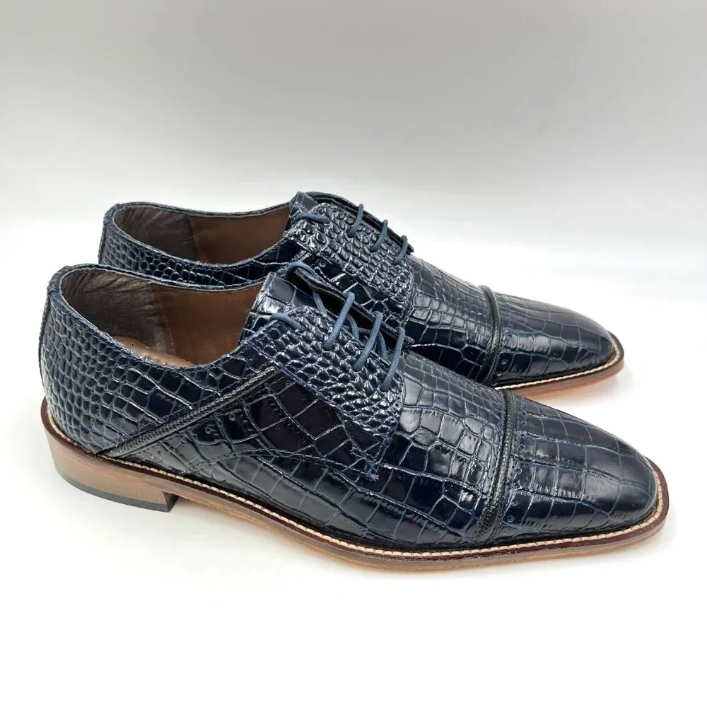 Stacy Adams Mens‎ Raimondo Blue Leather Croc Cap Toe Oxfords Dress Shoes